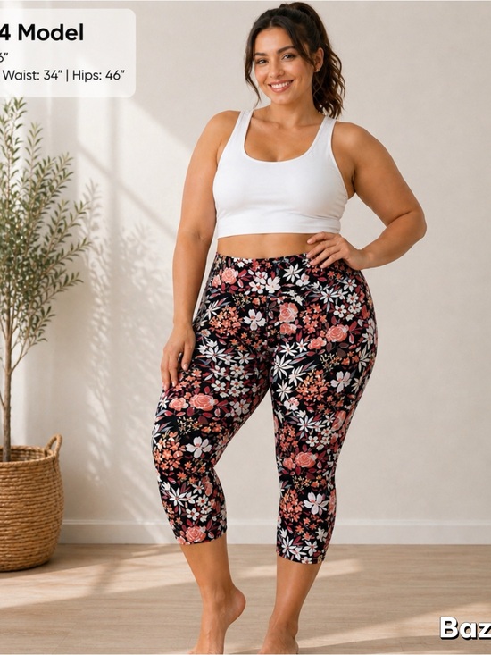 Terra & Sky Pants - Sz 14 Terra & Sky  Black Floral Mid Rise Athletic Capri Leggings